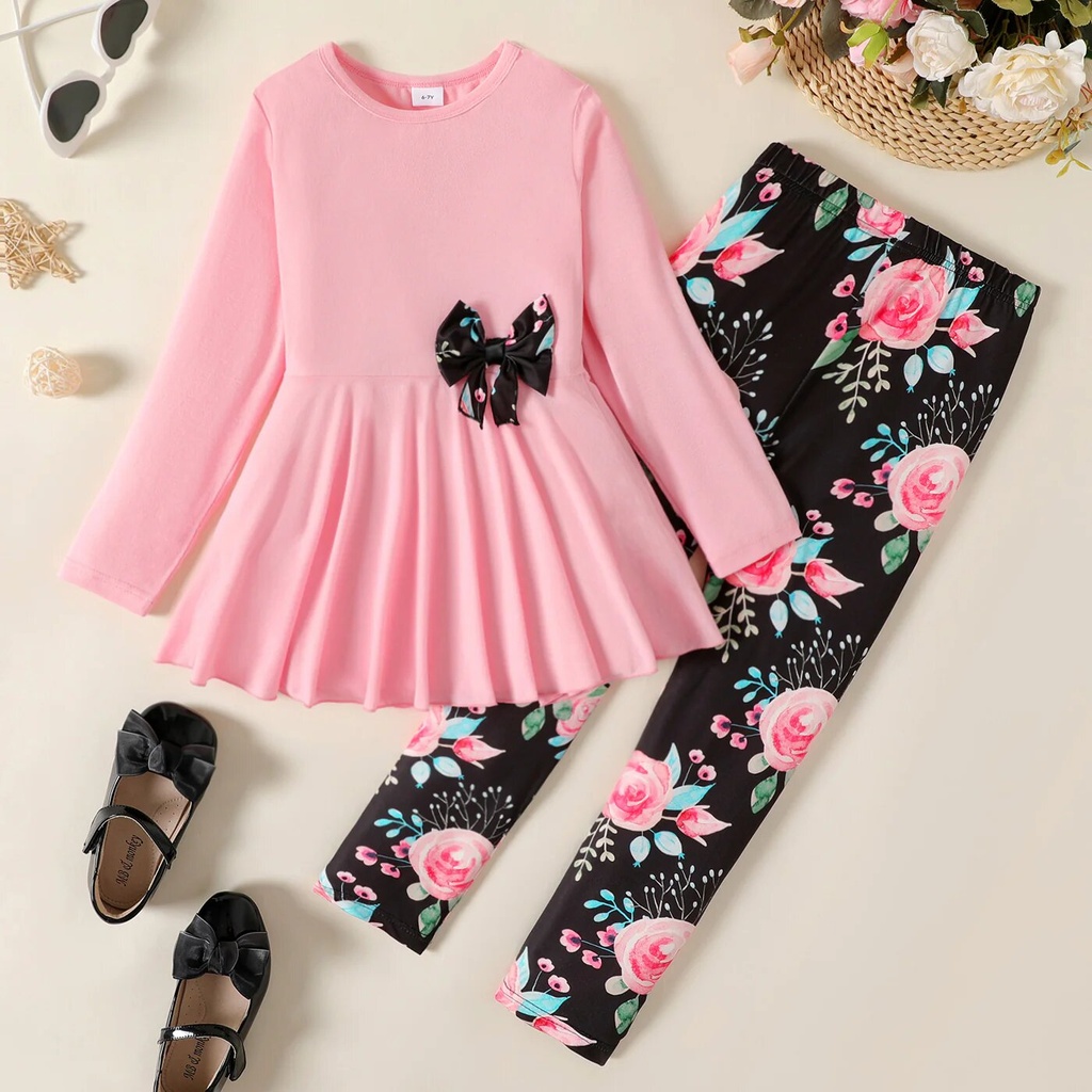 2pcs Kid Girl Bowknot Design Long-sleeve Tee and Floral Print Leggings Set