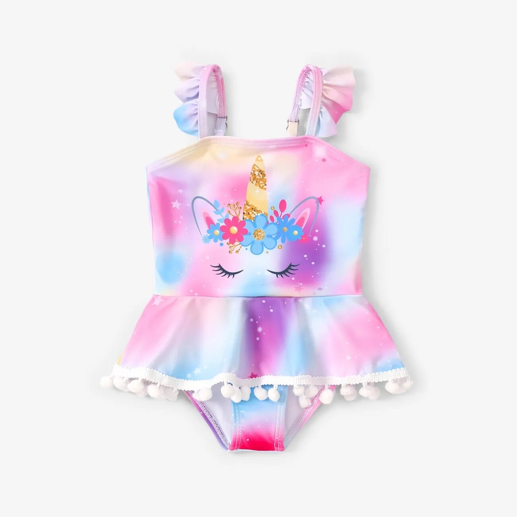 Toddler Girl Unicorn Print Flutter Sleeve One-Piece Swimsuit/ Flip-flops Slippers