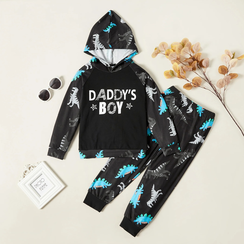 2-piece Kid Boy Dinosaur Letter Allover Print Hooded Sweatshirt and Pants Set