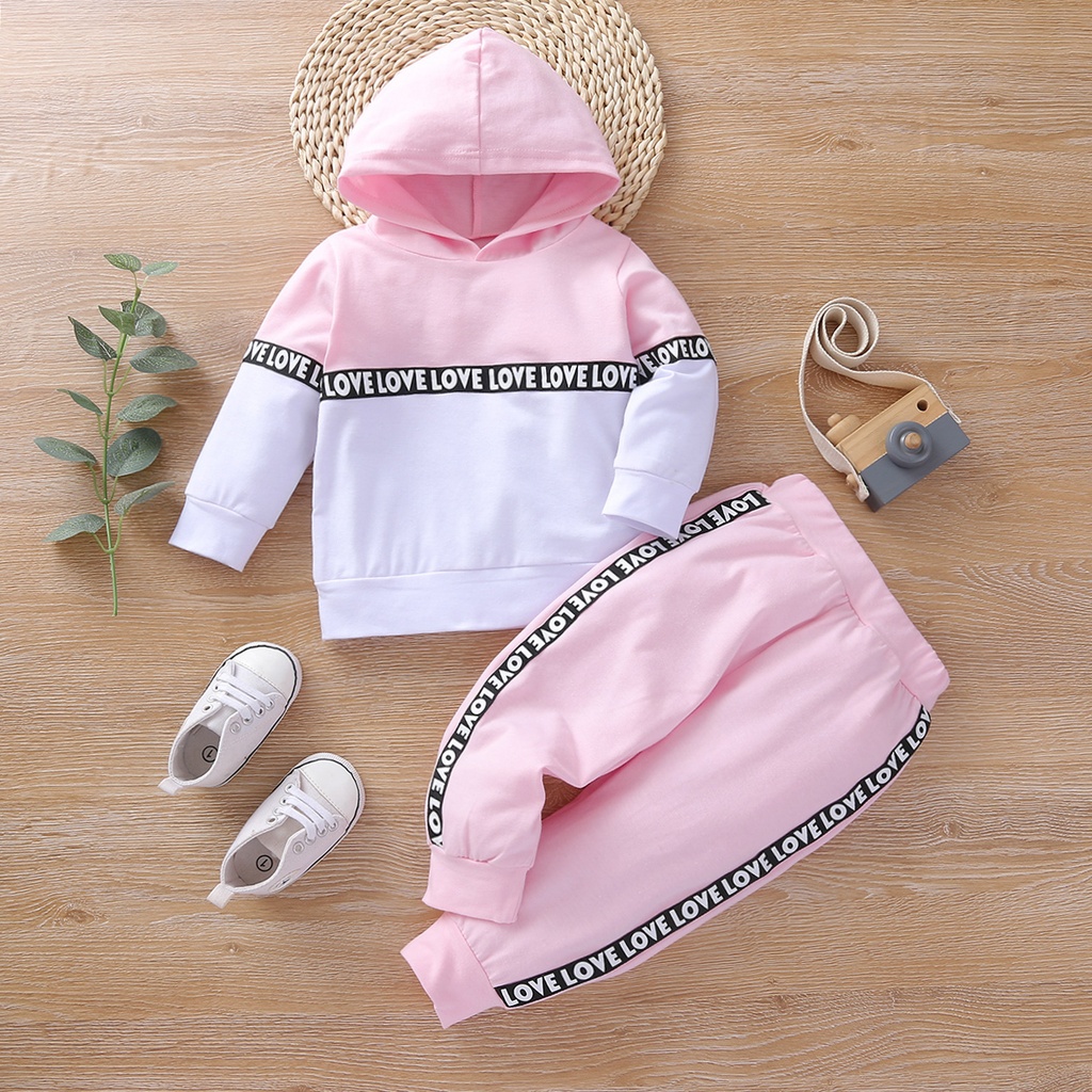 2pcs Letter Print Splice Color Block Hooded Long-sleeve Baby Set