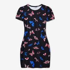 Mommy and Me Butterfly Pattern Body-con Puff Sleeve Dresses