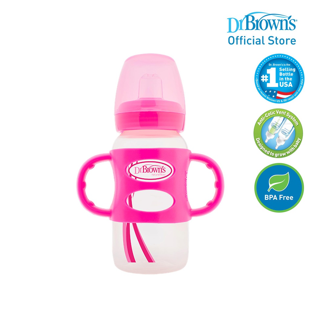 DR BROWN 9 oz / 270 ml PP Wide-Neck "Options compatible" Sippy Bottle w/ Silicone Handles, Pink, 1-Pack