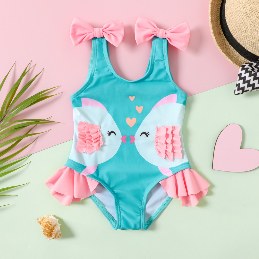 Baby Girl Fish Print Bow Decor Ruffle Trim One-piece Swimsuit