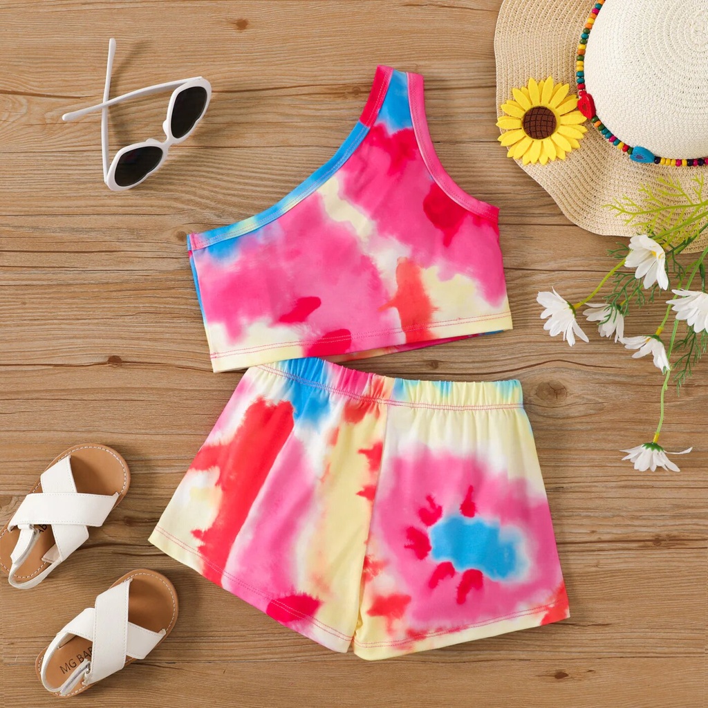 2pcs Toddler Girl Tie Dye One-Shoulder Top and Shorts Set