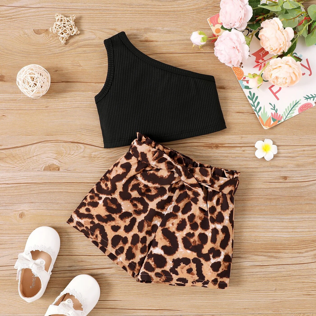 2pcs Toddler Girl Rib-knit One-Shoulder Tank Top and Leopard Belted Shorts Set