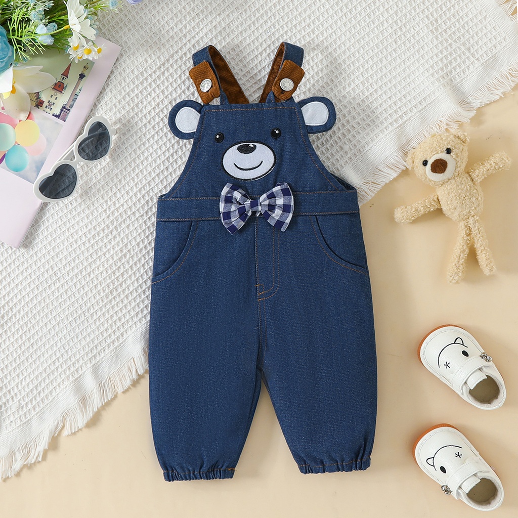 Baby Boy 100% Cotton Bear Embroidery Bow Decor Denim Overalls 