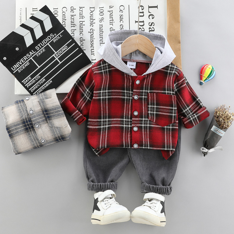 2-piece Toddler Girl/Boy Button Deign Plaid Hoodie and Elasticized Solid Gray Corduroy Pants Set