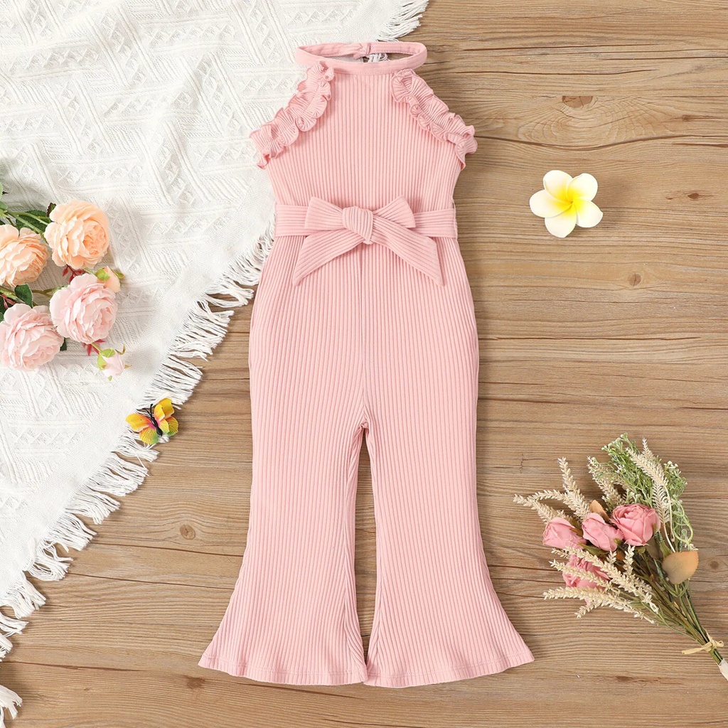 Toddler Girl Pink Ruffle Trim Belted Rib-knit Halterneck Jumpsuit