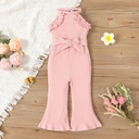 Toddler Girl Pink Ruffle Trim Belted Rib-knit Halterneck Jumpsuit