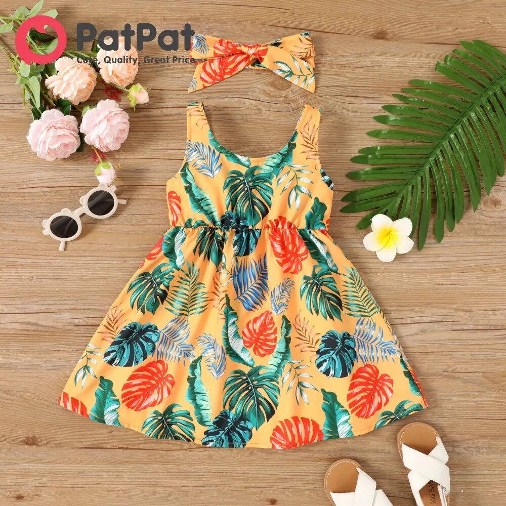 2pcs Toddler Girl Allover Plant Print Bow Decor Tank Dress with Headband 