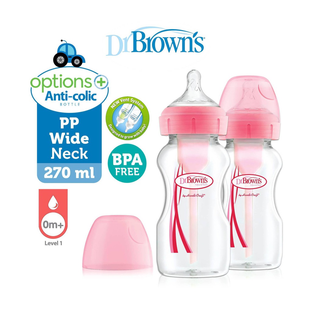 DR BROWN 9 oz / 270 ml PP Wide-Neck "Options" Baby Bottle - Pink, 2-Pack