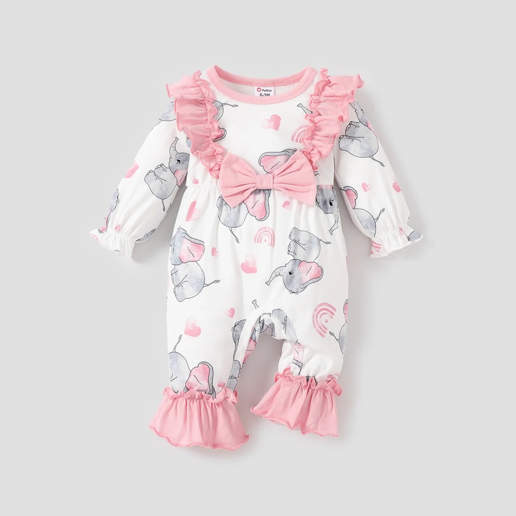 Baby Girl Sweet Elephant Bowknot Ruffle Edge Long Sleeves Jumpsuit 