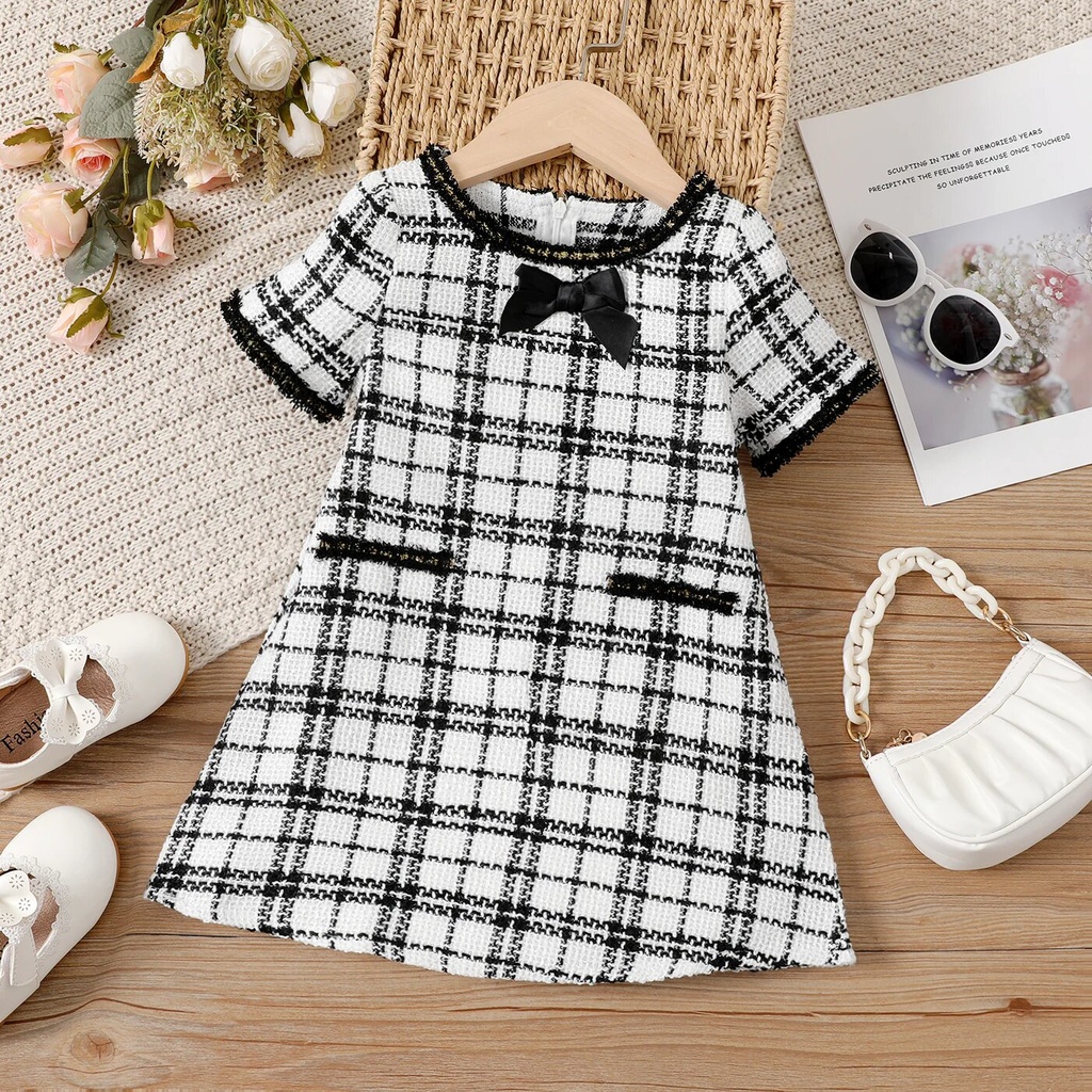 Toddler Girl Bow Decor Short-sleeve Tweed Dress 