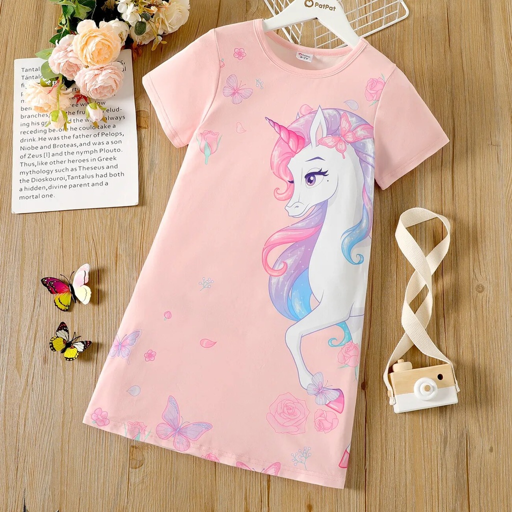 Kid Girl Unicorn Print Short-sleeve Light Pink Dress