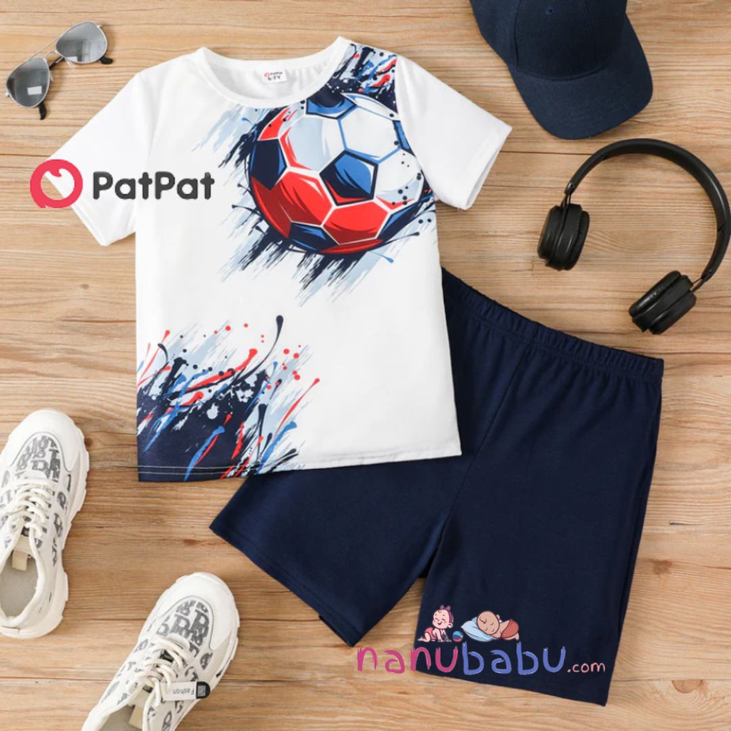 2pcs Kid Boy Balls Print Short-sleeve Tee and Dark Blue Shorts Set