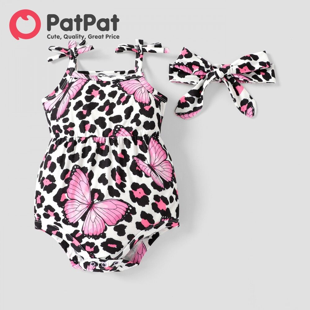 2pcs Baby Girl Allover Butterfly & Leopard Print Cami Romper & Headband Set