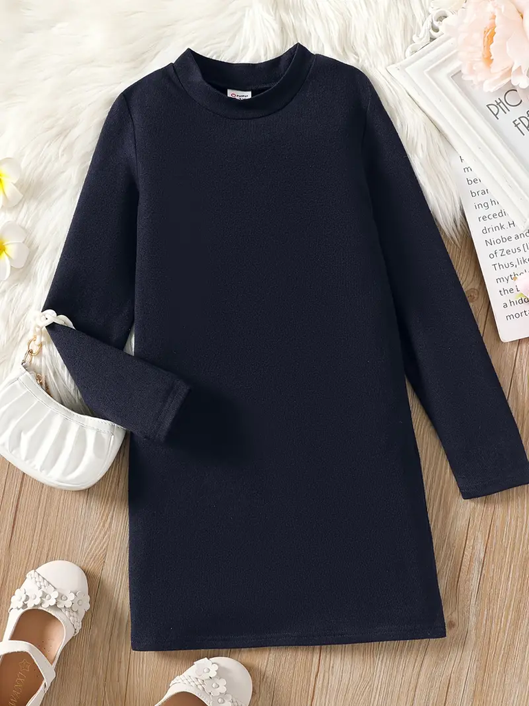 Kid Girl Solid Color Stand Collar Long-sleeve Knit Dress