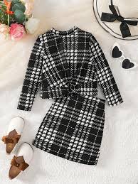 2pcs Kid Girl Avant-garde Grid/Houndstooth Skirt Suit 