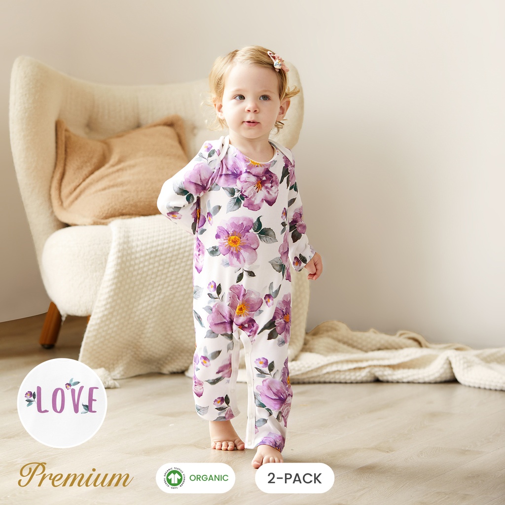 2pcs Long Sleeve Organic Cotton Baby Girl Jumpsuit Set with Big Floral Pattern