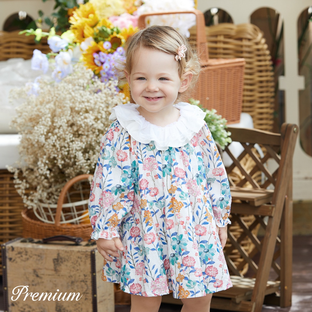 100% Cotton Medium Thickness Long Sleeves Elegant Baby Girl Dress with Puff Sleeves and Floral Pattern