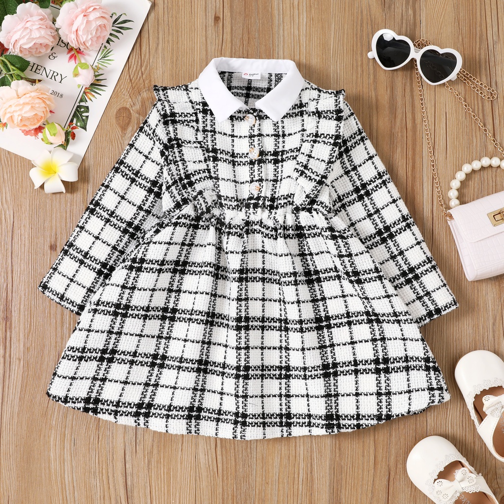 Toddler Girl Classic Grid Pattern Ruffle Edge Dress