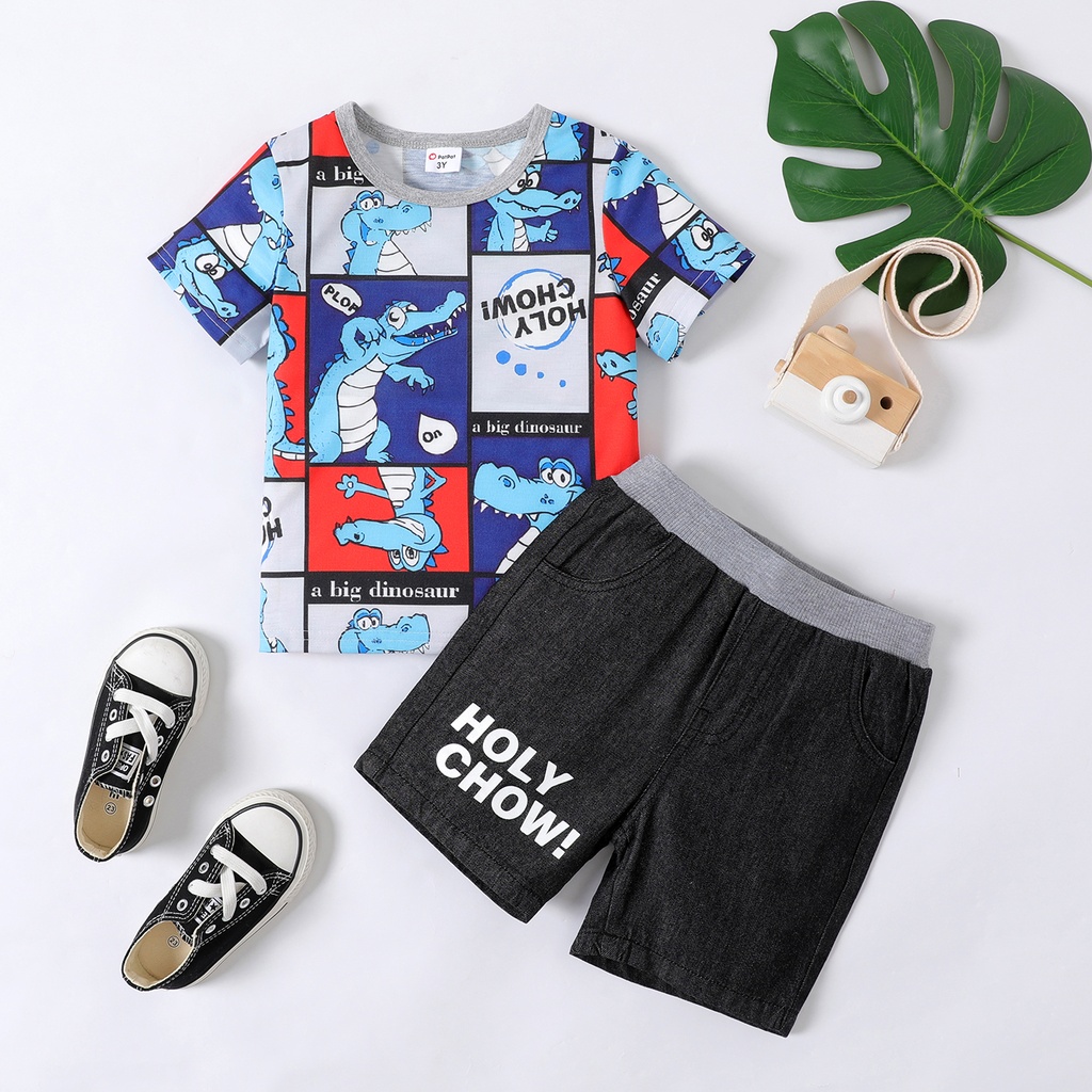 2pcs Toddler Boy Dinosaur Print Short-sleeve Tee and Letter Print Denim Shorts Set