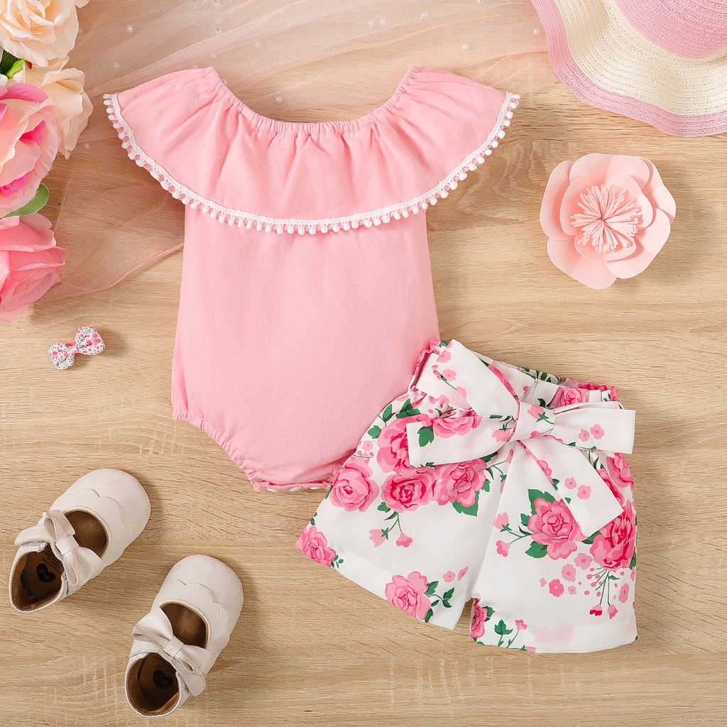 2pcs Baby Girl 95% Cotton Ruffle Solid Romper and Allover Floral Print Belted Shorts Set