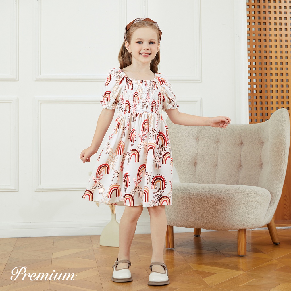 Kid Girl Allover Rainbow Plant Print Short-sleeve Square Neck Smocked Dress