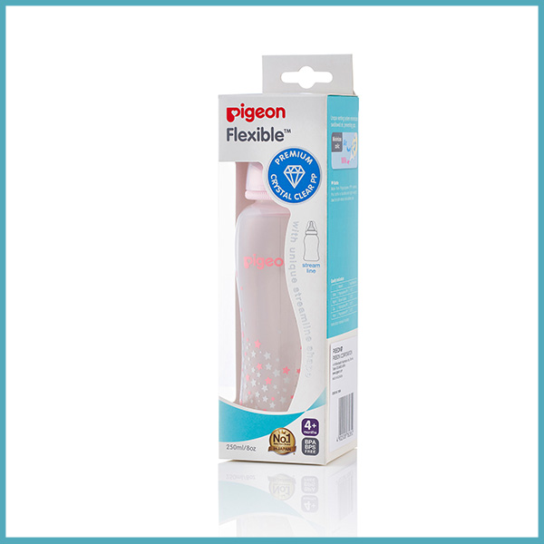 Pigeon Flexible Peristaltic Nipple Clear PP Streamline 250ml Pink Star (EN)