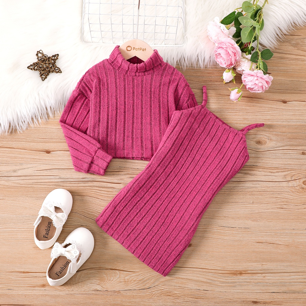 2PCS Toddler Girl Solid Stand Collar Long Sleeve Dress Set