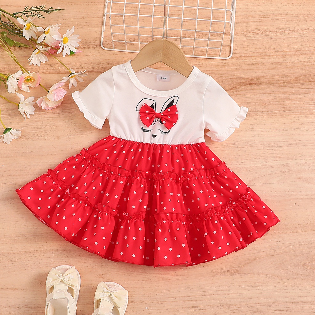 Baby Girl Bow Decor Rabbit Print Polka Dots Ruffle Dress