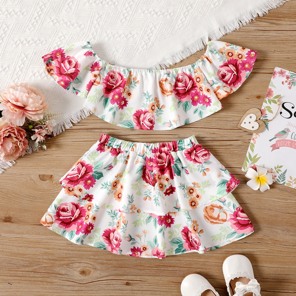 2pcs Toddler Girl Floral Print Off Shoulder Blouse and Layered Skirt Set