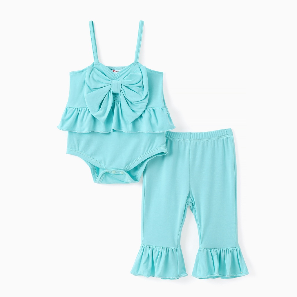 2pcs Baby Girl Bamboo Fabric Bowknot Ruffled Romper and Flared Leggings Set