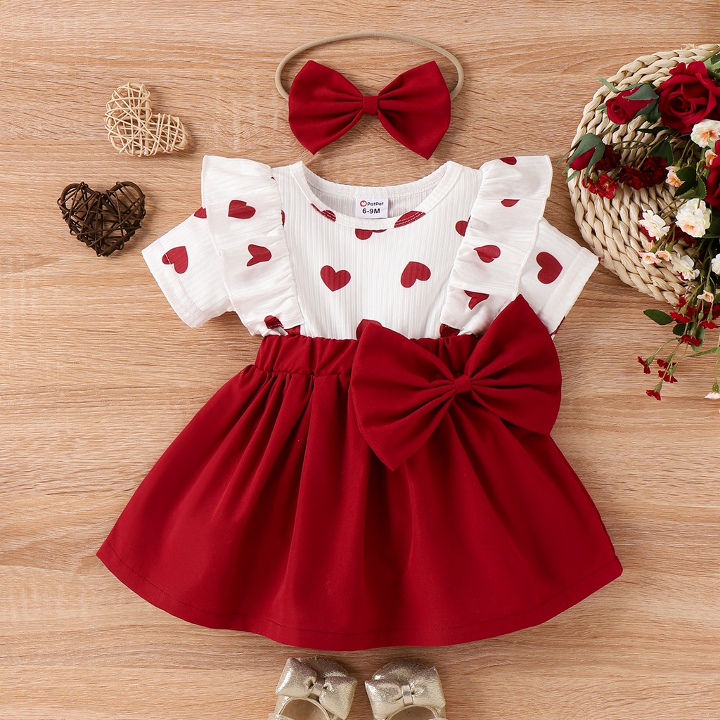2pcs Baby Girl Heart Print Ruffled Faux-two Bowknot Dress & Headband Set