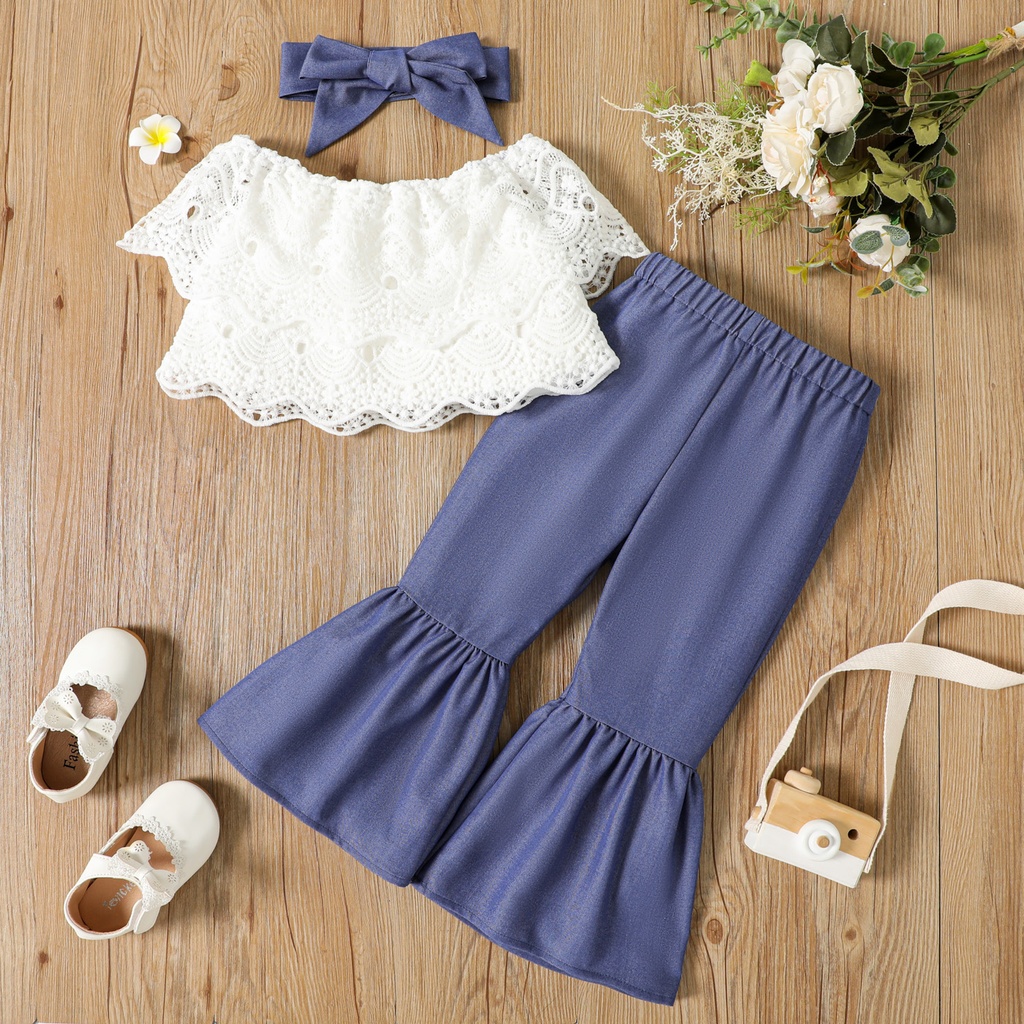 3Pcs Toddler Girl Bow Headband & Off-Shoulder Top and Flare Leg Pants Set