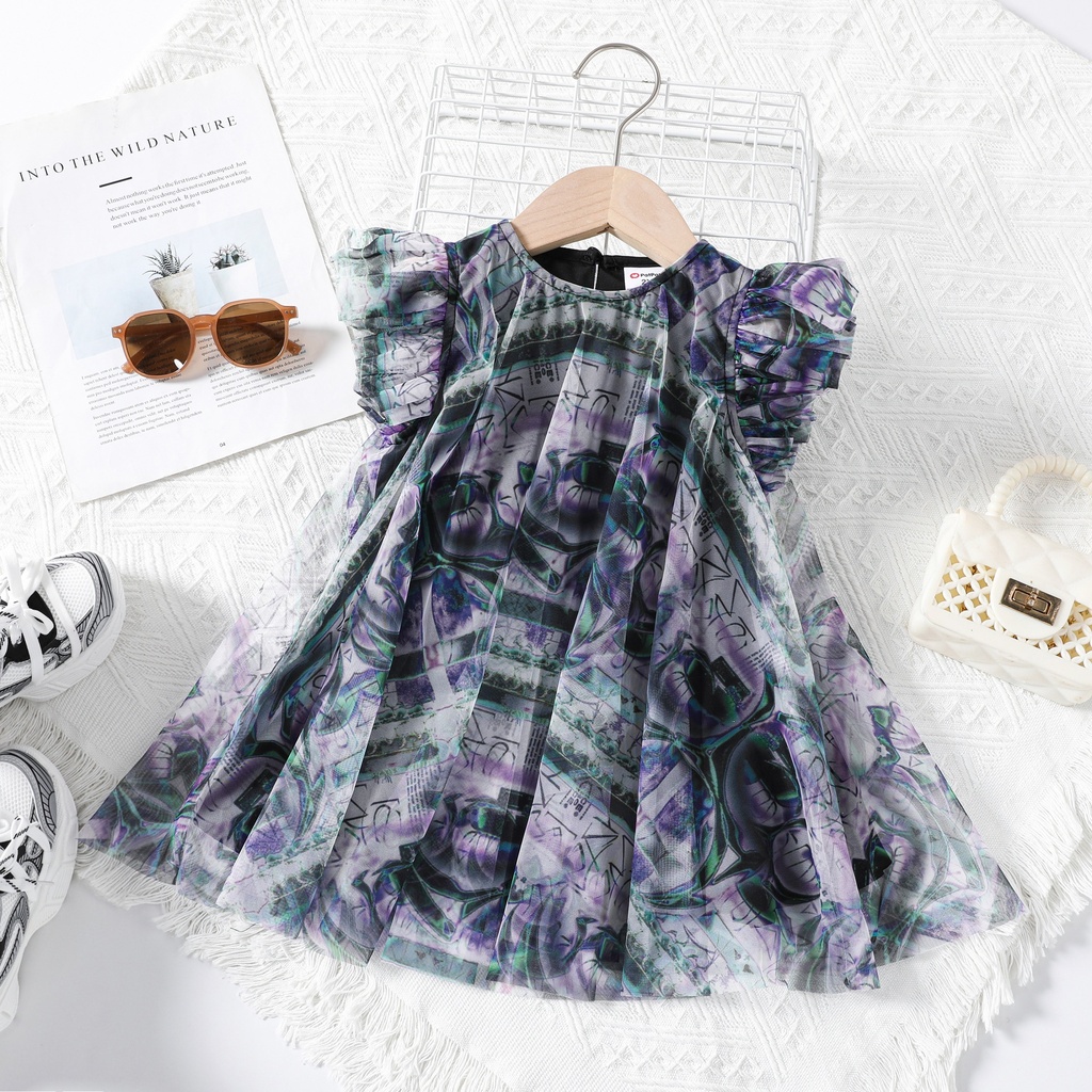 Todler Girl Fashionable Gradient Mesh Ruffled Dress
