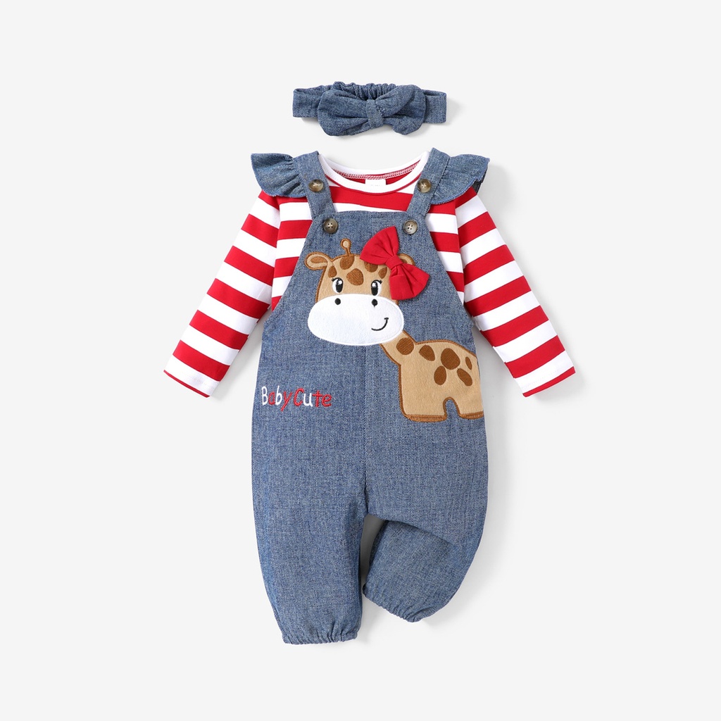 3pcs Baby Girl 95% Cotton Stripe Long-sleeve Top and 97% Cotton Giraffe Embroidery Ruffle Overalls & Headband Set