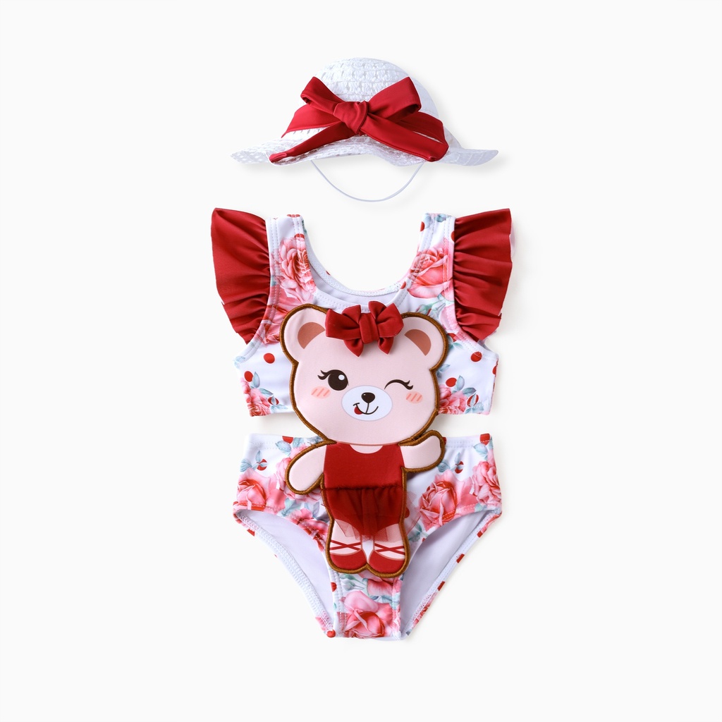Baby Girl 2pcs Bear Embroidery Swimsuit with Hat