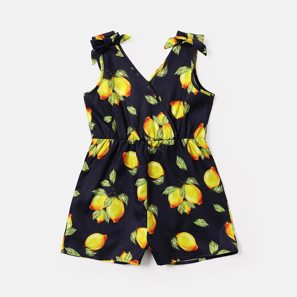 Kid Girl Lemon Print Surplice Neck Bowknot Design Sleeveless Rompers