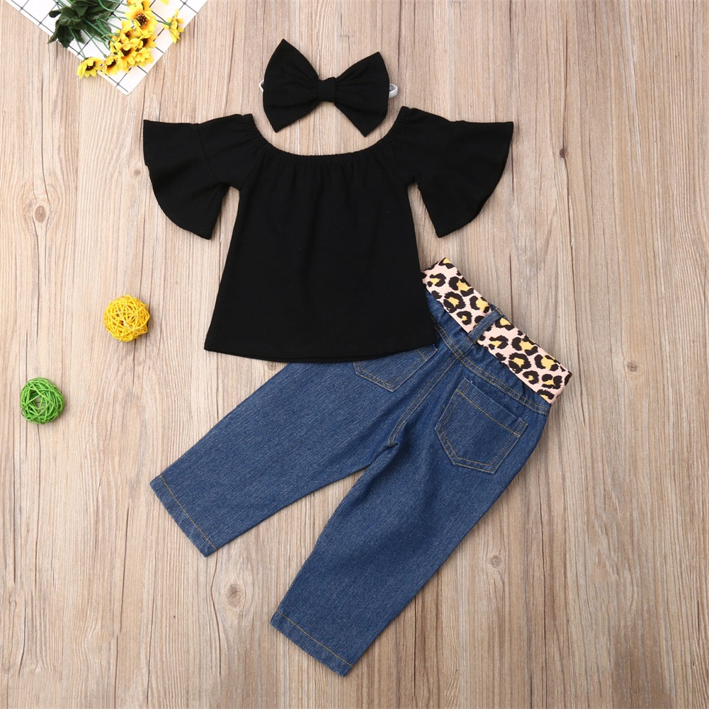 3-piece Baby Solid Flutter-sleeve Off Shoulder Top and Leopard Print Bowknot Nine-minute Denim Jeans Set