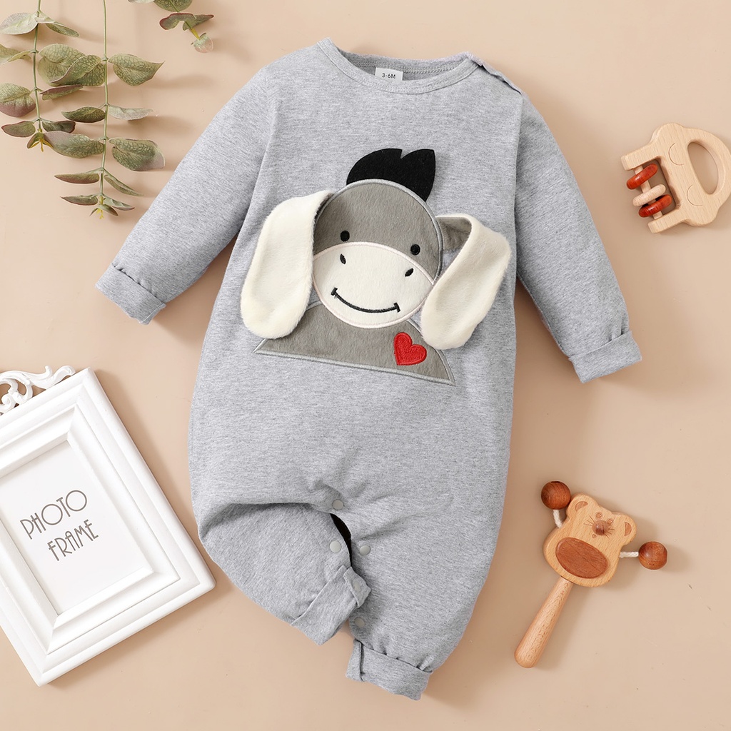 Donkey Embroidery 3D Ear Design Long-sleeve Green Baby Jumpsuit