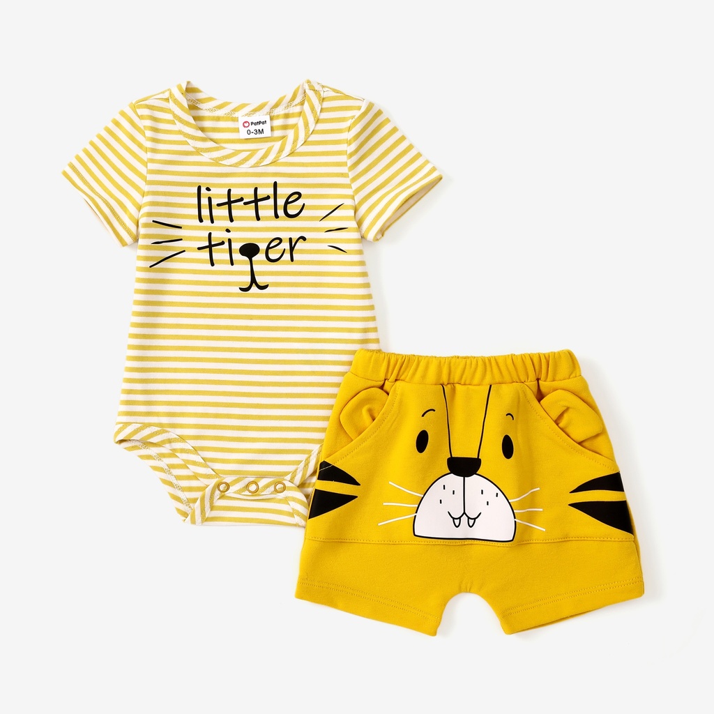 Baby Boy 2pcs Childlike Striped Romper and Tiger/Bear 3D Design Shorts Set