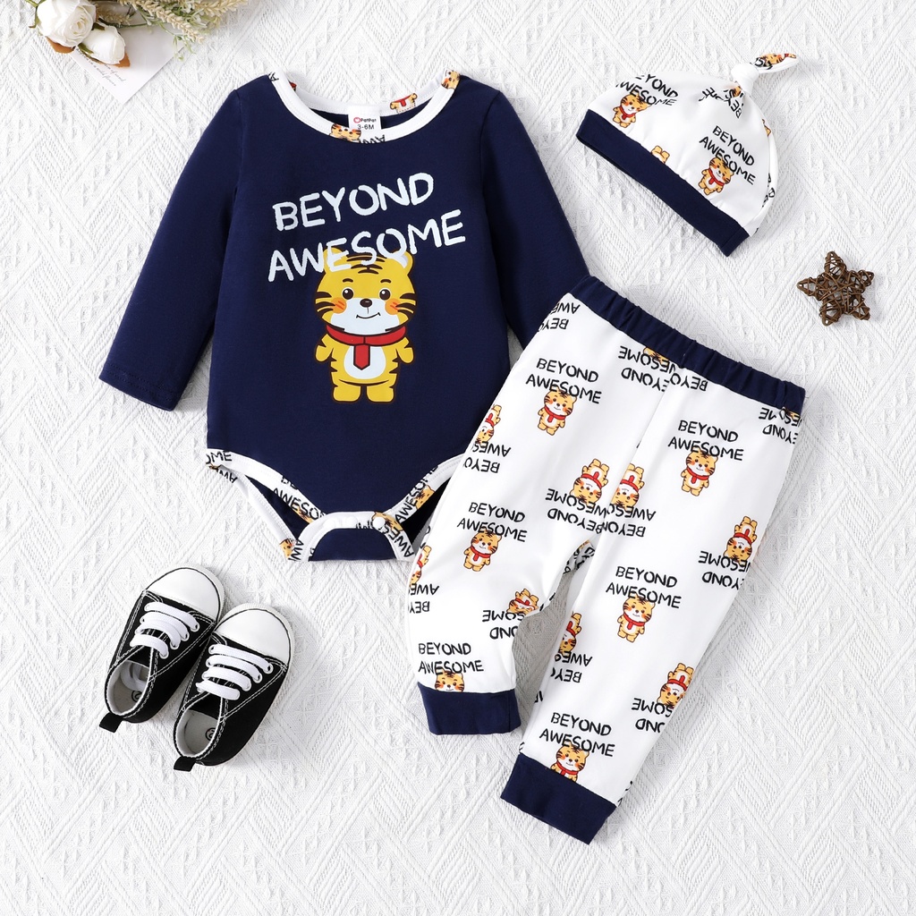 Baby Boy 3pcs Tiger Print Romper and Pants with Hat Set