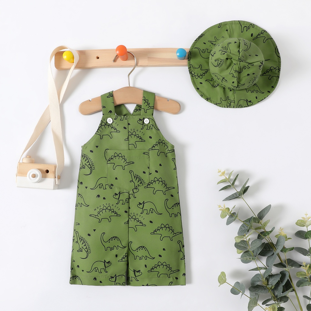 2pcs Baby Boy Allover Dinosaur Print Overalls & Hat Set