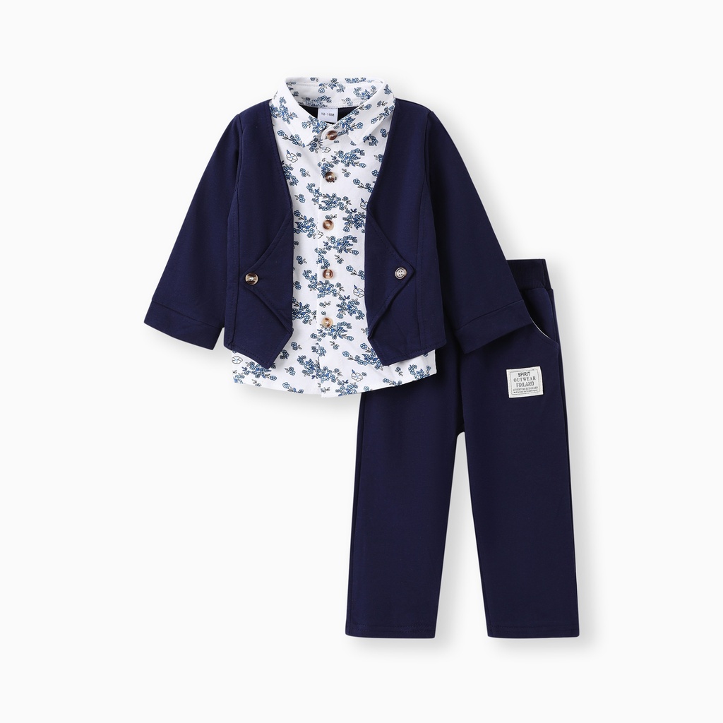2pcs Baby Boy 95% Cotton Long-sleeve Faux-two Floral Print Top and Pants Set