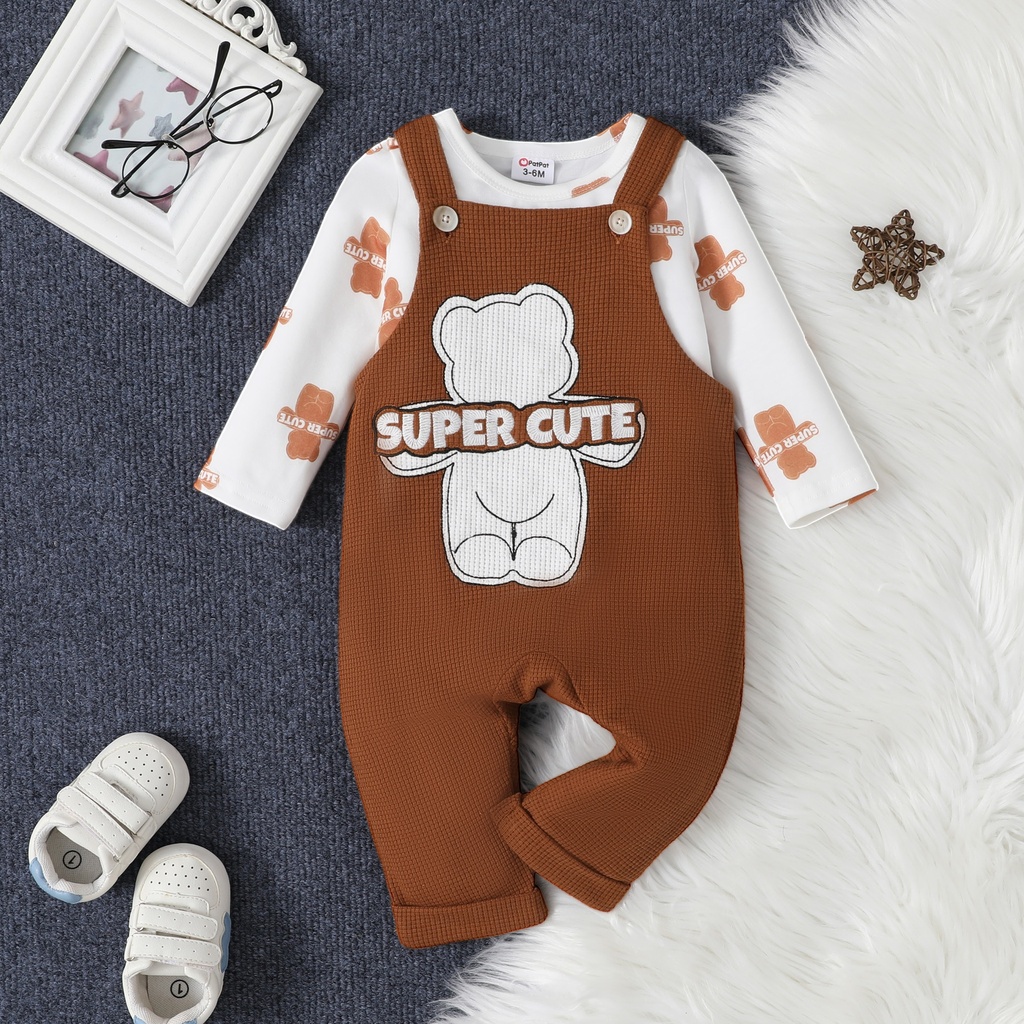 Baby Girl 2pcs Bear Print Tee and Embroidered Overalls Set