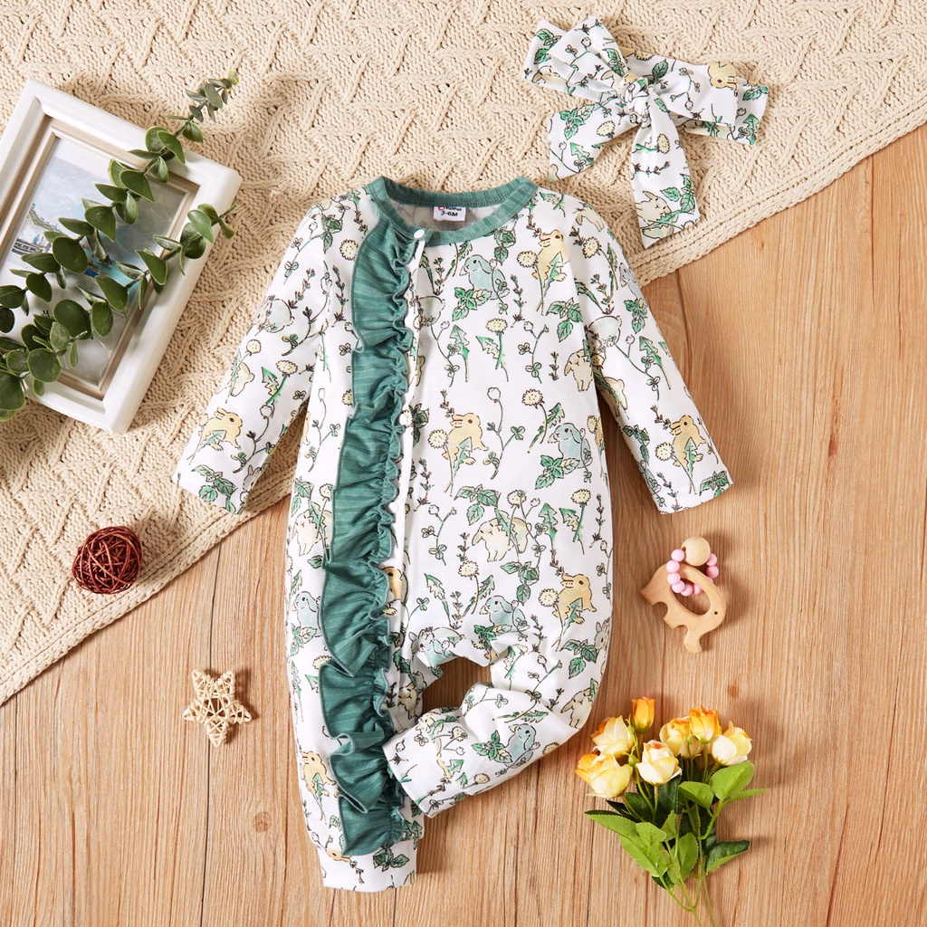 2pcs Baby Girl Ribbed Green/White Rabbit Print Long-sleeve Ruffle Jumpsuit Set