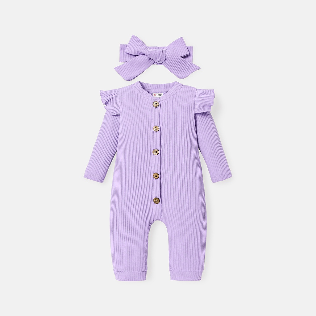 2pcs Baby Girl Solid Cotton Ribbed Ruffle Long-sleeve Button Front Jumpsuit with Headband Set