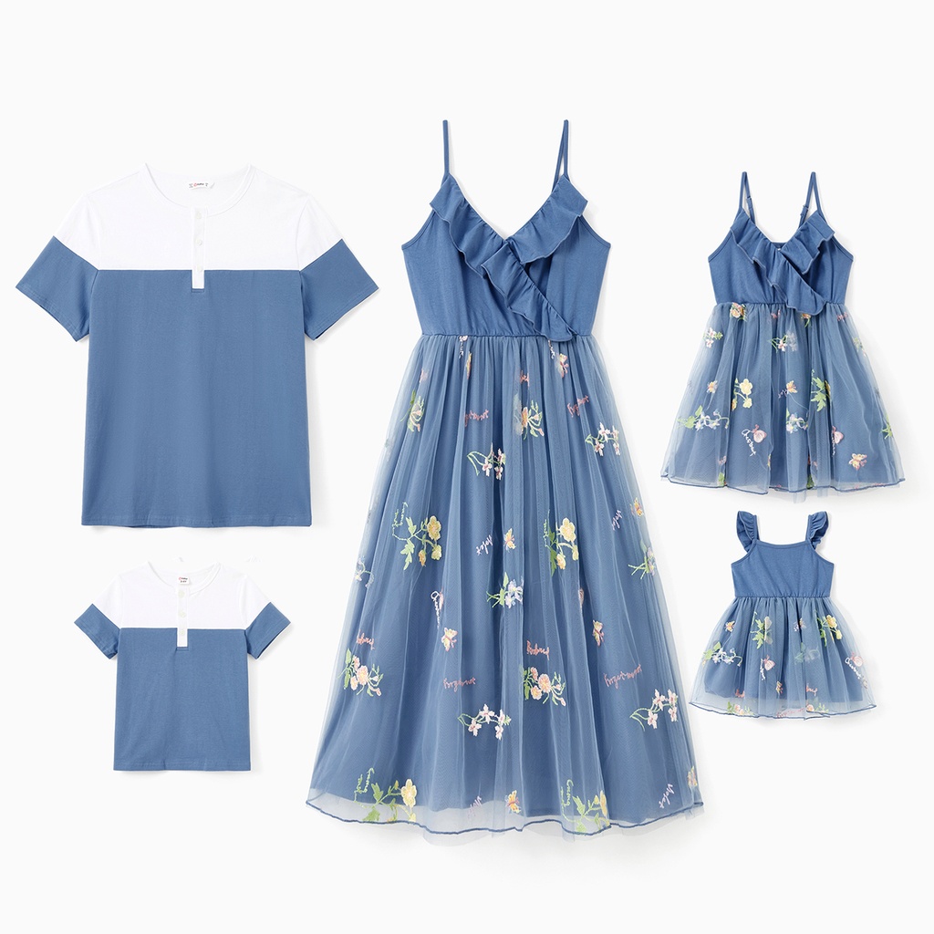 Family Matching Sets Henley Neck Color Block Cotton Tee or Ruffle Trim Spliced Embroidered Tulle Strap Dress