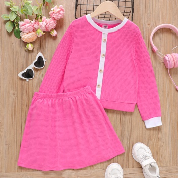 2pcs Kid Girl Waffle Button Decor Long-sleeve Top and Skirt Set